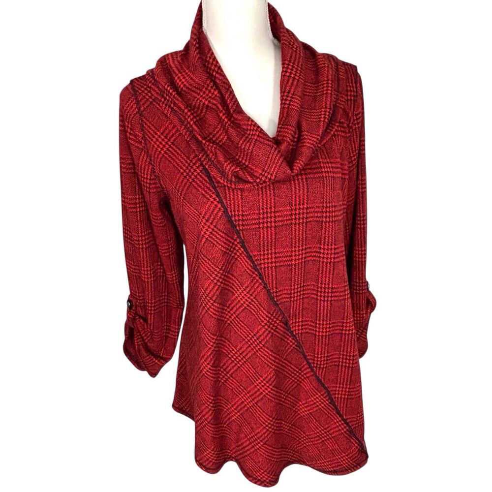 Ali Miles Herringbone Glen Plaid Tunic Top Cowl Neck Roll Tab Red Black Large